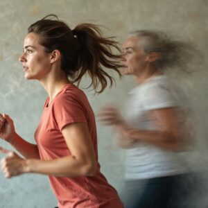 Young woman runs with older self blurred behind. Concept of ageing, fitness, health, active lifestyle, vitality. Transformation, change, progress, improvement. Sport, exercise, wellness, time, future.